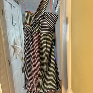 Maeve Asymmetrical Checkered Dress in Red, Green, and Blue